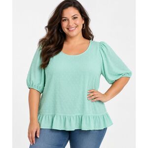 AGB Woman Size 1X Mint Green Swiss Dot Ruffle Hem Puff Sleeve Blouse Top #20